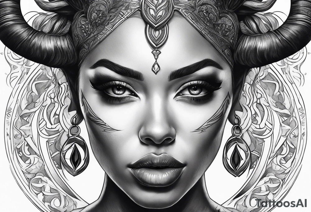 Dark realism beautiful woman looking 
face forward with curved horns facing downwards tattoo idea