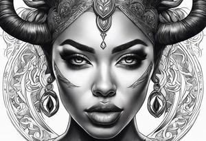 Dark realism beautiful woman looking 
face forward with curved horns facing downwards tattoo idea