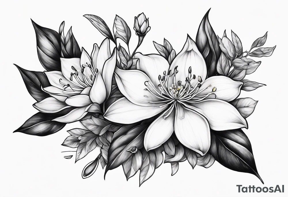 Shoulder and collarbone tattoo of a vibe of night-blooming Jasmine. The tattoo should have a spider tattoo idea