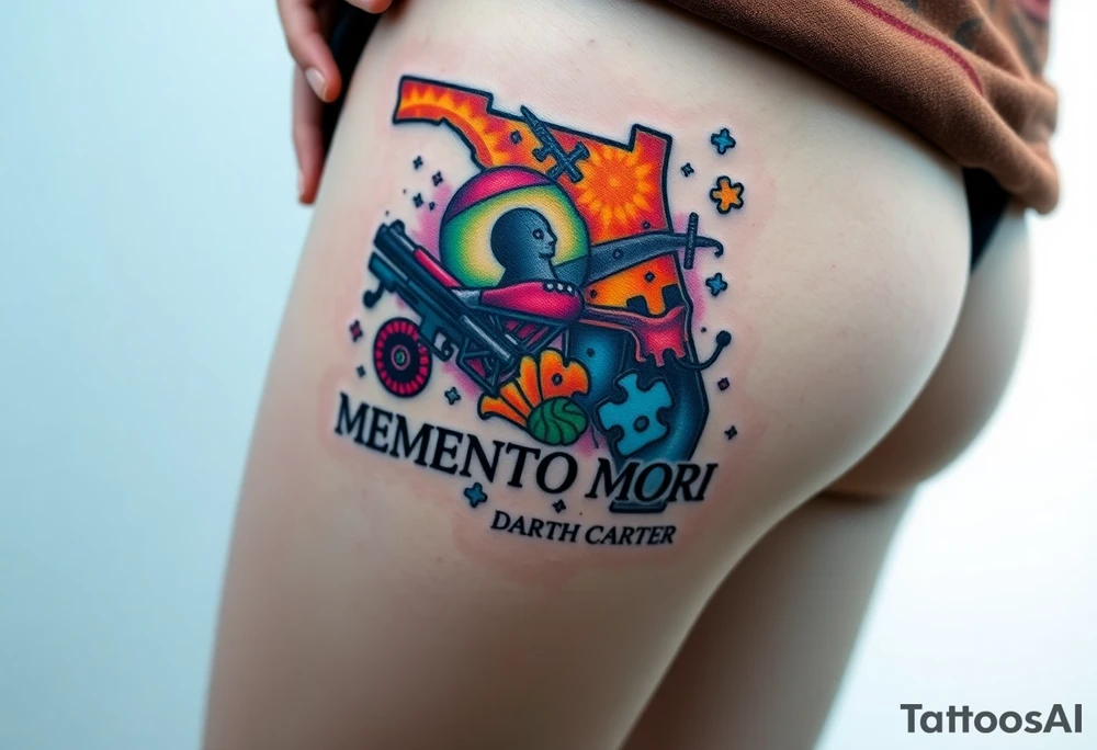 colorful futuristic memory tattoo for passed boyfriend; Florida, gulf coast water, Harley Davidson, skateboarding, puzzle pieces, video games, heaven, god, outdoors, guns, disc golf, words "MEMENTO MORI" & DARTH CARTER tattoo idea