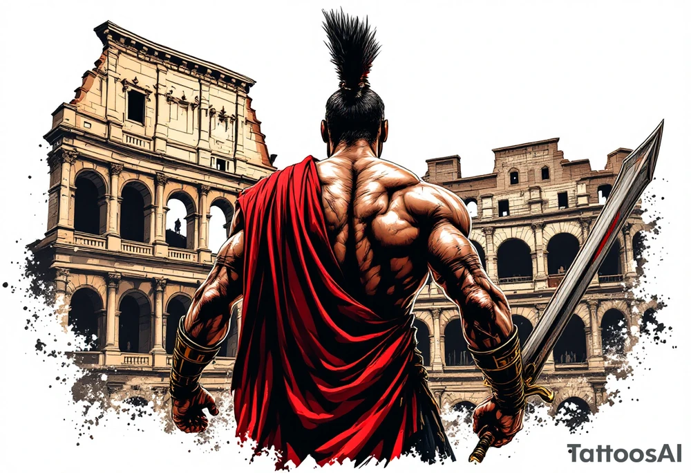 Roman gladiator from behind holding a broadsword in front of the Colliseum arena tattoo idea