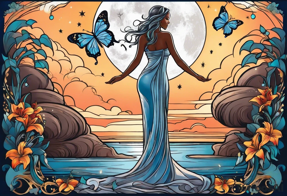Forward-facing, portrait full length of creation goddess standing upright.  Butterflies. Lillies at feet. Arms raised and hands cupped towards sky. Sun, moon and stars in background tattoo idea