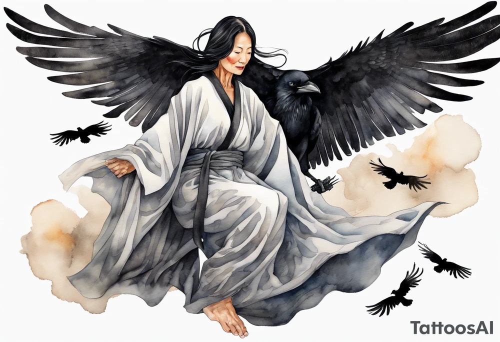 a beautiful 55 year old Dakota woman wearing a silver and black robe, flying in the sky with black raven wings, bare feet tattoo idea
