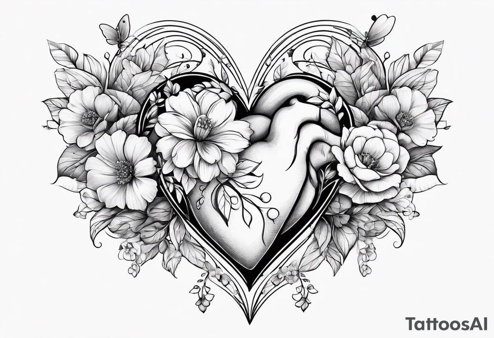 hands holding a heart. flowers sprouting from the top of the heart and butterflies flying around the flowers tattoo idea
