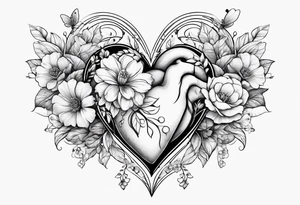 hands holding a heart. flowers sprouting from the top of the heart and butterflies flying around the flowers tattoo idea