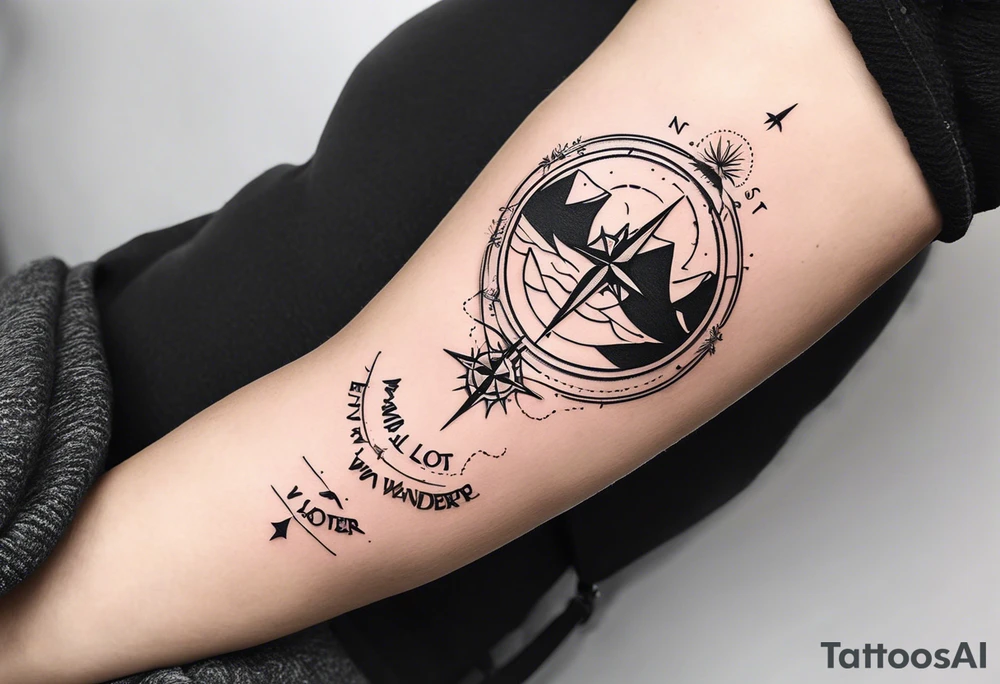 A half sleeve tattoo that features the quote **"Not all who wander are lost"** in elegant script on the outer forearm. Surrounding it are a compass rose and flowing elements like mountains, waves, and trees, symbolizing adventure and nature. Small travel icons like a plane and backpack are interspersed, enhancing the theme of exploration. The design uses a dynamic look that wraps naturally around your forearm. tattoo idea