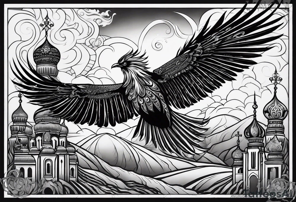 russian firebird in-flight with long fancy tail and 3 small onion cap monastery towers in background, with "Isaiah 43: 18-19" tattoo idea