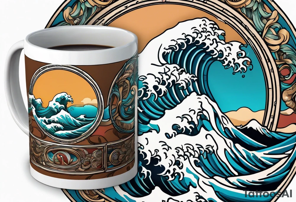 Circular retro design with coffee mug and ocean wave on mug tattoo idea