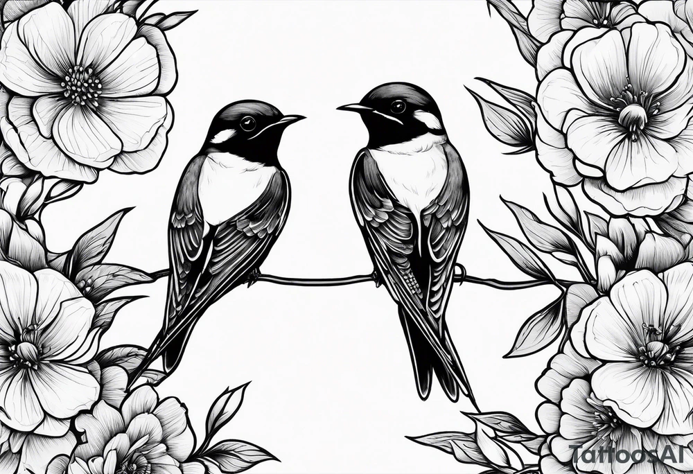 Pair of swallows with flowers in the background, simple tattoo idea