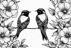 Pair of swallows with flowers in the background, simple tattoo idea