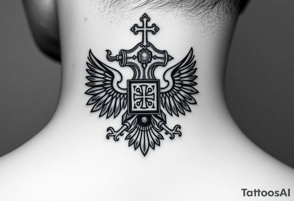 Russian coat of arms with the 2 headed traditional eagles left foot holding a ak47 wand and on the other the tractional orthodox Christian bell with the cross on the top tattoo idea