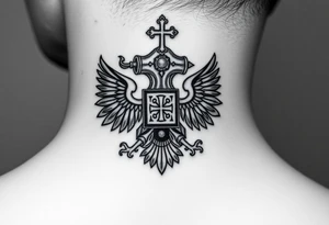 Russian coat of arms with the 2 headed traditional eagles left foot holding a ak47 wand and on the other the tractional orthodox Christian bell with the cross on the top tattoo idea