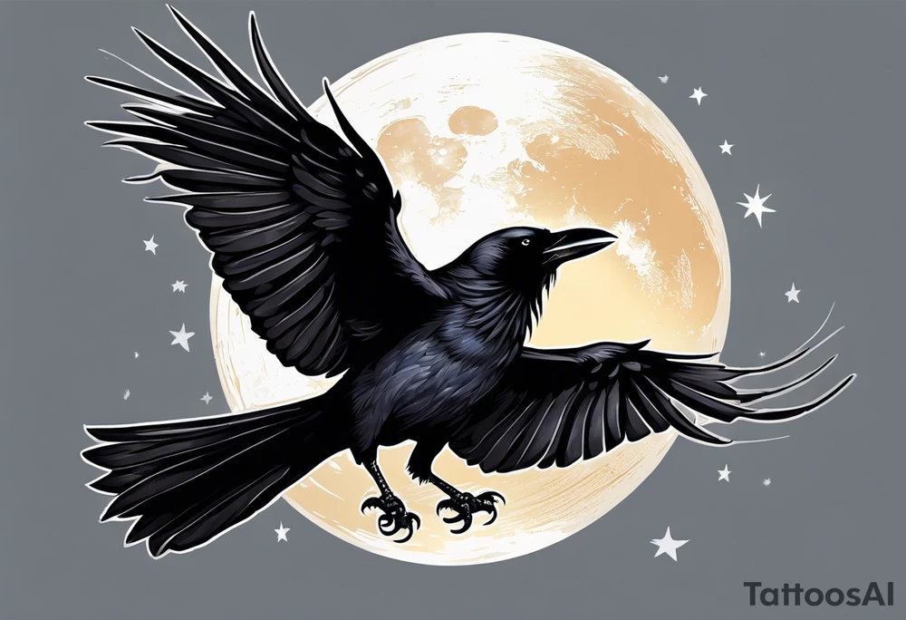 Gothic crow flying holding a candle with a moon in the background tattoo idea