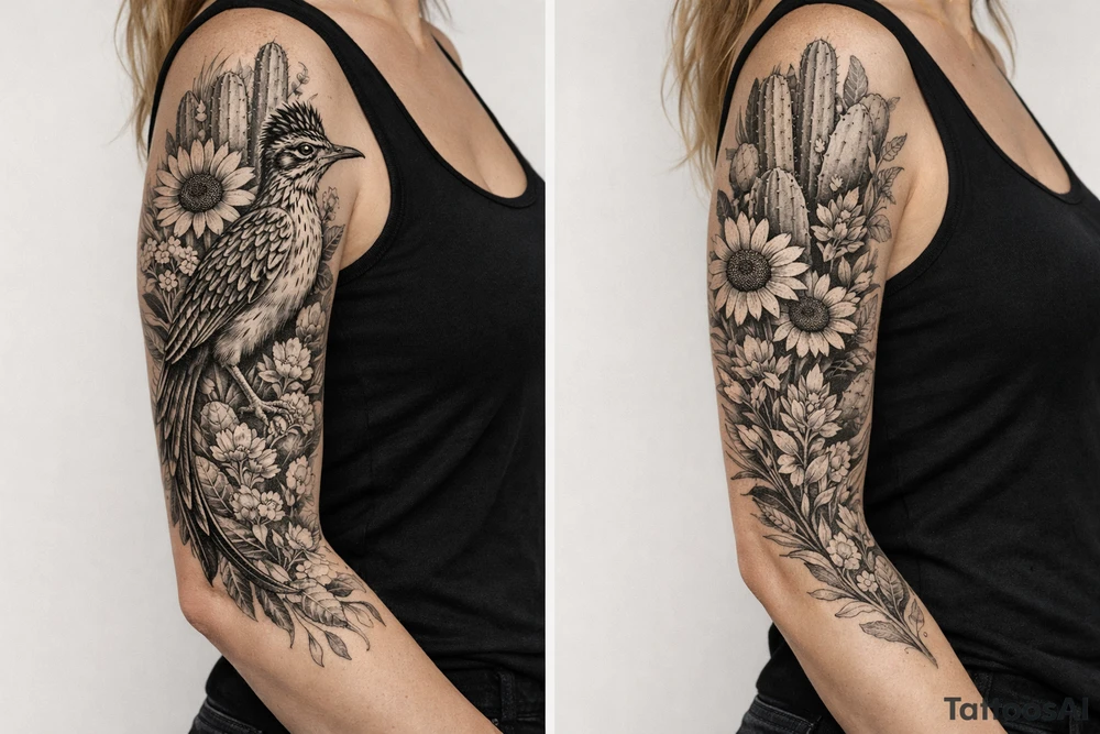 Medium size roadrunner surrounded by cactus and wildflowers including sunflowers and Indian paint brush flowers from shoulder onto hand tattoo idea