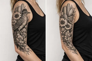 Medium size roadrunner surrounded by cactus and wildflowers including sunflowers and Indian paint brush flowers from shoulder onto hand tattoo idea