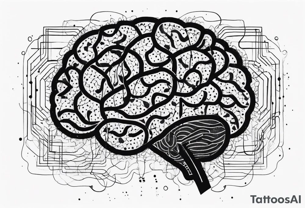 brain with wires connected to word "fear", stipple, dot work, grunge, aesthetic tattoo idea