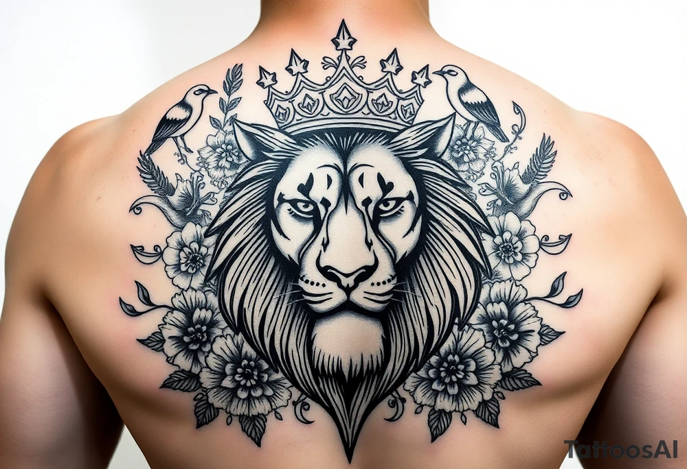 powerful majestic lion with a crown, surrounded by floral ornaments and birds tattoo idea