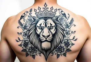 powerful majestic lion with a crown, surrounded by floral ornaments and birds tattoo idea