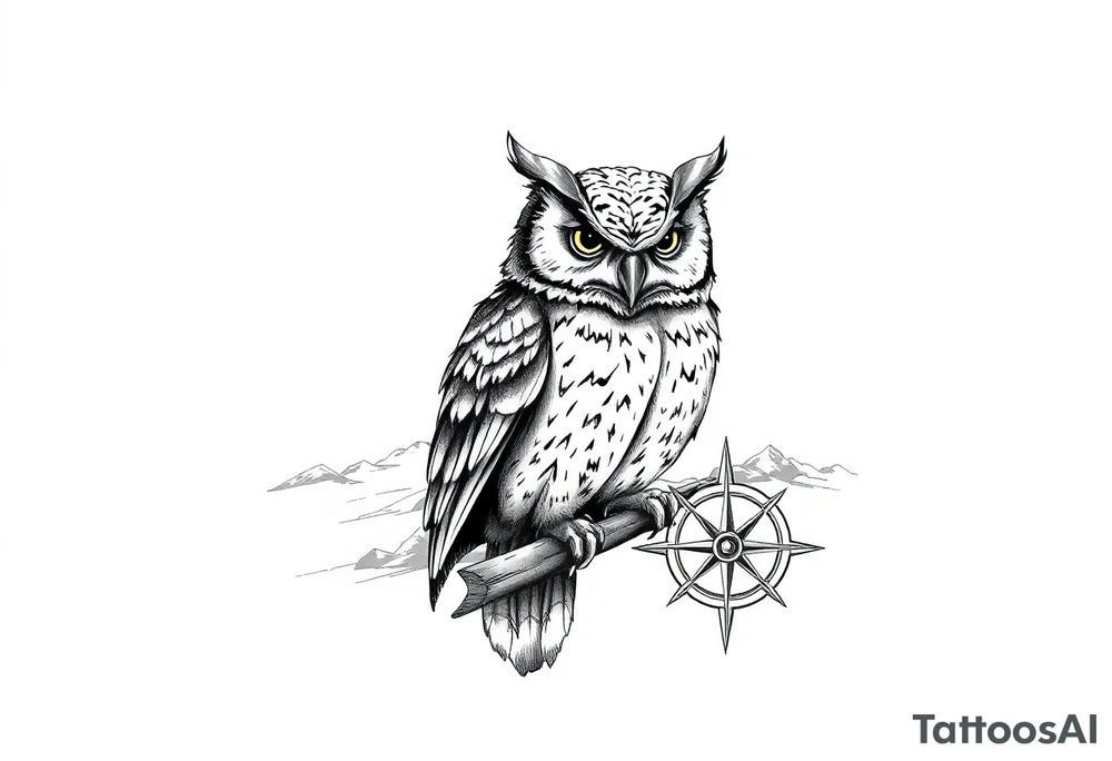 an owl,a compass,landscape. tattoo idea
