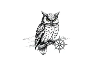 an owl,a compass,landscape. tattoo idea