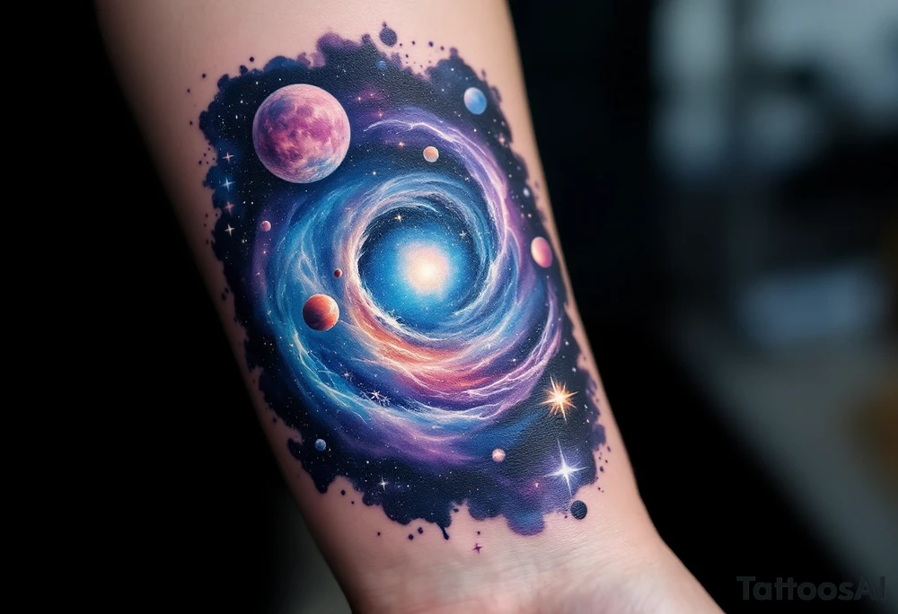 A galaxy scene with stars and planets swirling in deep blue and violet, evoking cosmic freedom. tattoo idea