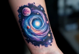 A galaxy scene with stars and planets swirling in deep blue and violet, evoking cosmic freedom. tattoo idea