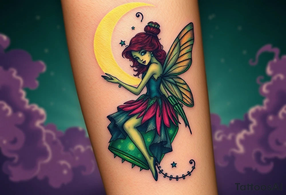 Tim Burton’s kelly doty pin up style Vintage Parisian elegant and hauntingly beautiful yet eerie full body absinthe Green Fairy dances outside her victorian crystal decatur she was once inside this elaborate ornate bottle absinthe bottle Absinthe Art Nouveau   and dripping with muted reds, dusty pinks, and eerie green glow.purple and cyan smokey clouds swirl in the crescent moonlit sky thats sprinkled with stars tattoo idea