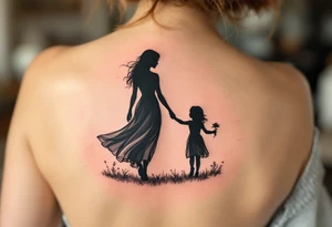 A black silhouette of a mother and young daughter walking hand in hand, the daughter holding a flower, with soft gray shading to suggest a sunset background. tattoo idea