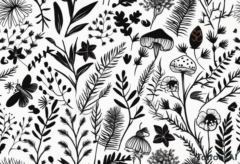 forest floor inspired minimalist tattoo, which includes grass, curly ferns and dead leaves as the bulk of the tattoo. details to include: three very tiny strawberries, a tiny bumblebee flying nearby, three small brown mushrooms
Generate a vertically long one tattoo idea