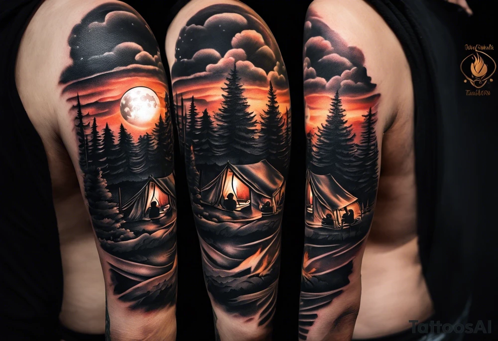 Tattoo of a family of four on a male forearm 
- dad, mom and two boys around a campfire.  Background is a sunset at the bottom, night at the top with a big beautiful moon. tattoo idea