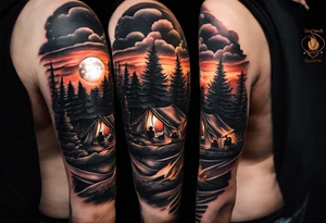 Tattoo of a family of four on a male forearm 
- dad, mom and two boys around a campfire.  Background is a sunset at the bottom, night at the top with a big beautiful moon. tattoo idea