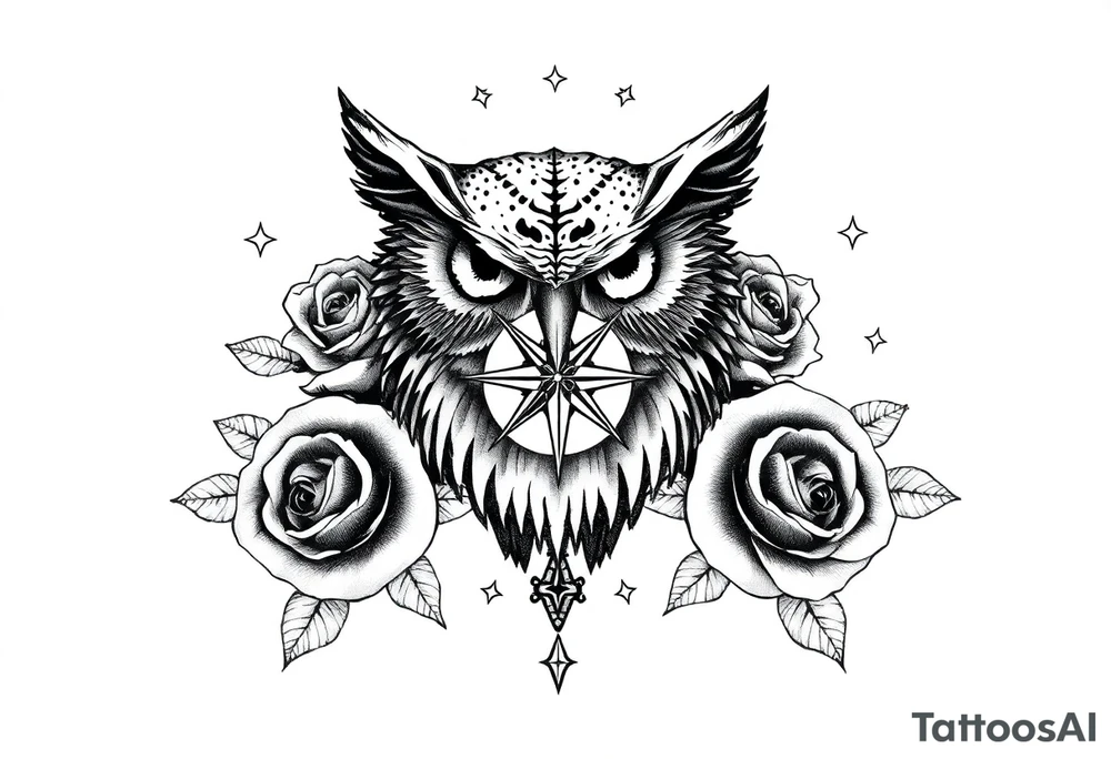 an owl,compass,roses,stars. tattoo idea