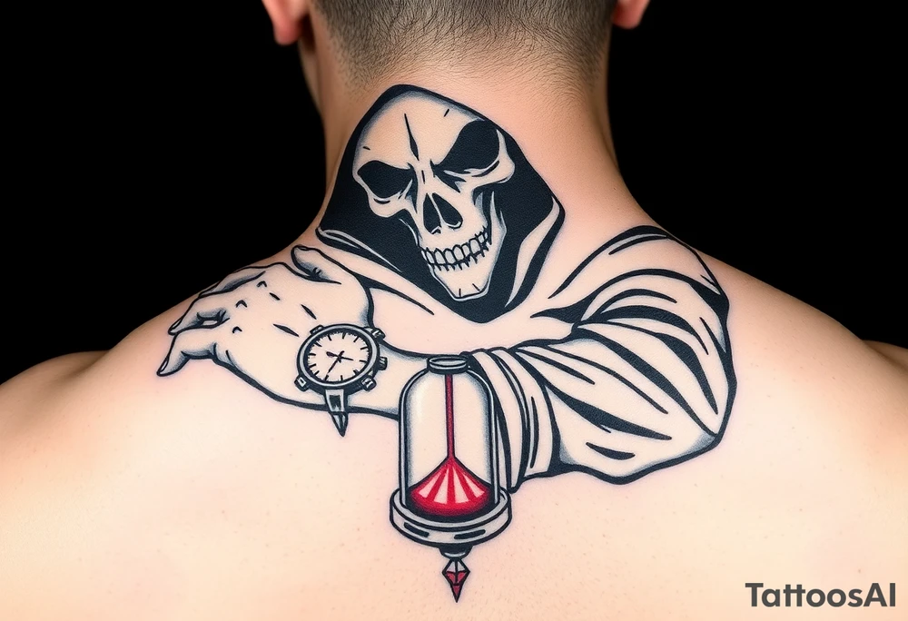 Simple grim reaper looking at a watch on his wrist with a hourglass with red sand and diamond geometric shapes tattoo idea
