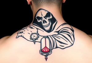 Simple grim reaper looking at a watch on his wrist with a hourglass with red sand and diamond geometric shapes tattoo idea