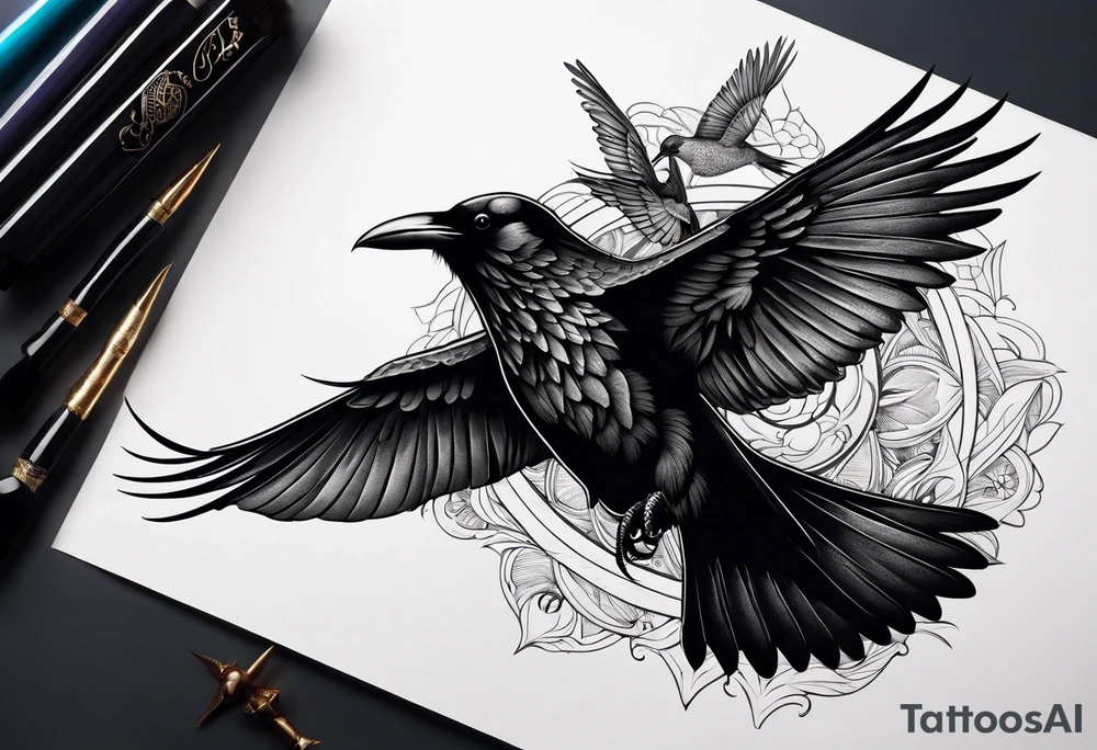 raven above a hummingbird with the raven facing right and the hummingbird facing left tattoo idea