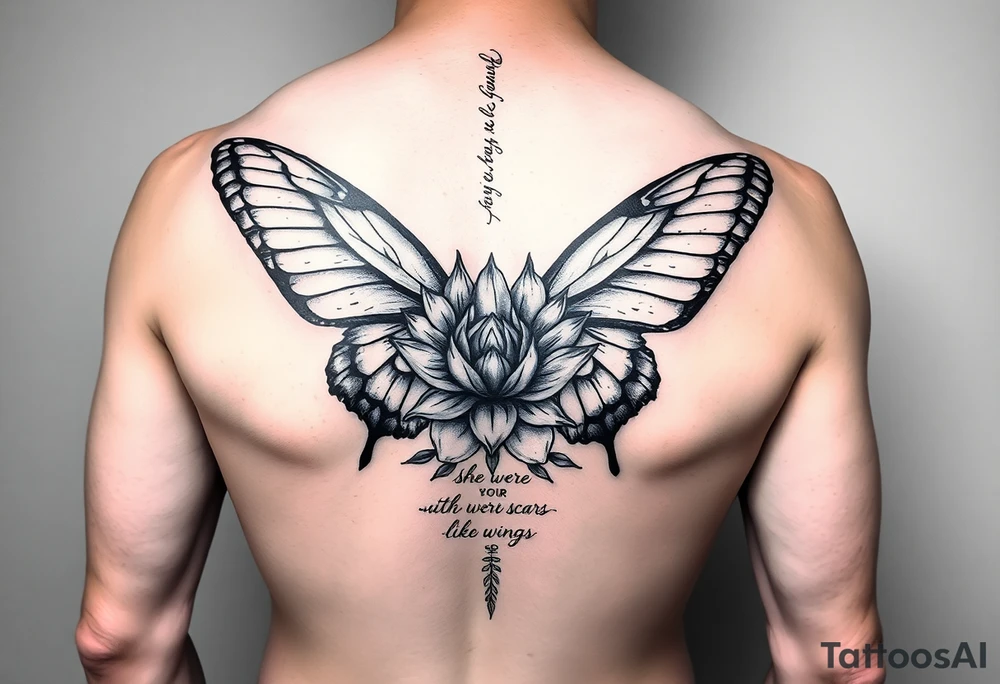 butterfly with cracked wings and lotus flower with quote that says “she wore her scars like wings” all down spine but very elegant towards lower back tattoo idea