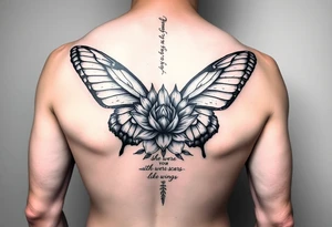 butterfly with cracked wings and lotus flower with quote that says “she wore her scars like wings” all down spine but very elegant towards lower back tattoo idea