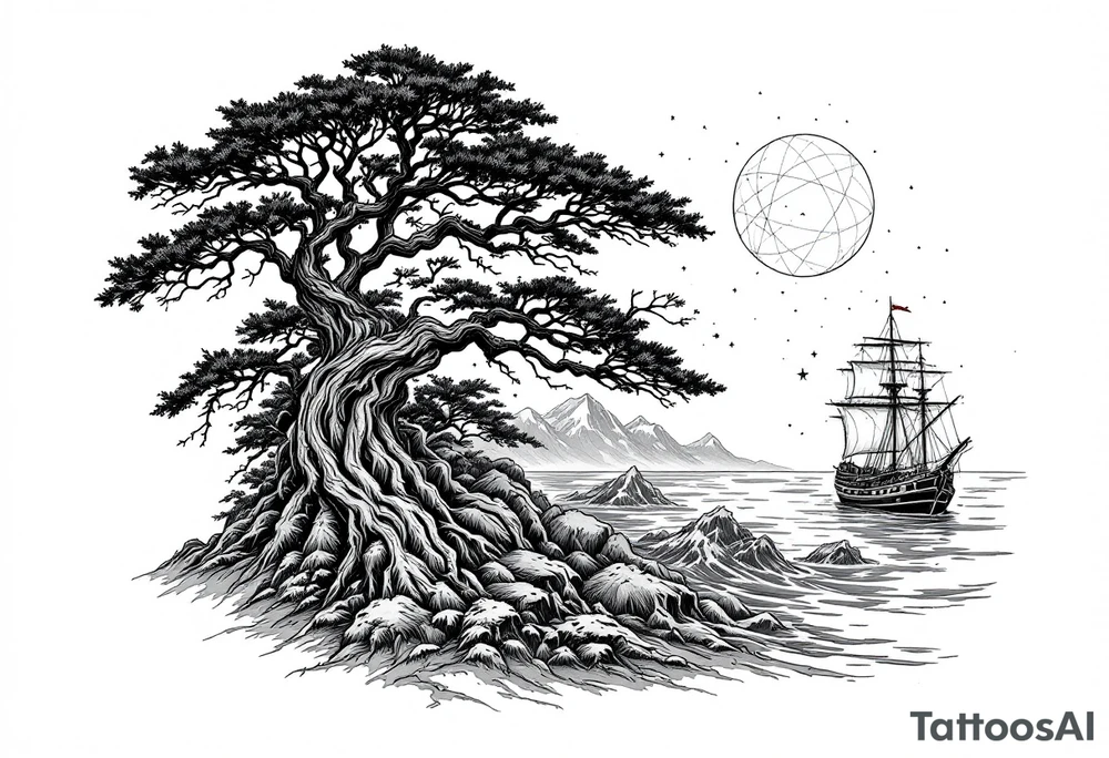 tattoo that has an acacia tree with mountains, ocean with a ship wreck and the northern star tattoo idea