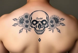 Masculine skull with daisies and diamonds with the name Scarlett on it and the date 4/1/24 tattoo idea