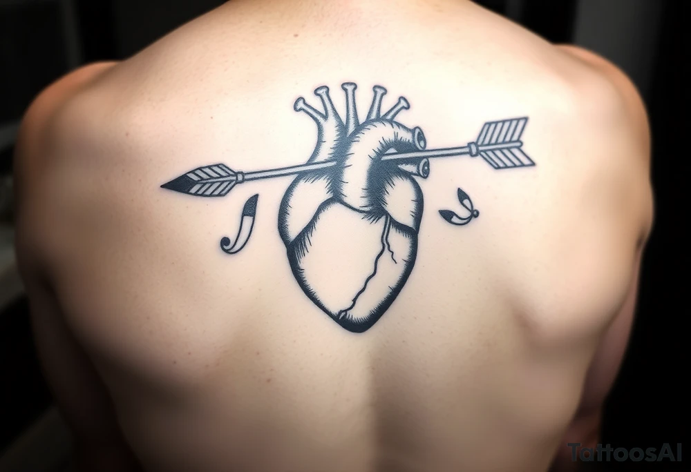 anatomical heart pierced by ornate arrow with flowing ribbons tattoo idea