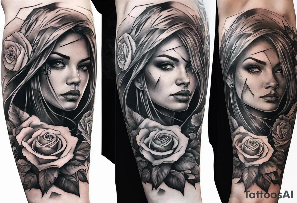 tattoo fool sleeve, old broken gothic home, broken sword, roses tattoo idea