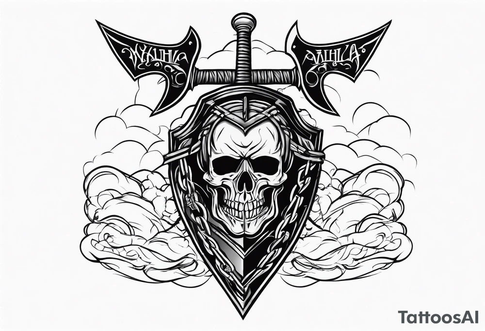 Valhalla sword shield axe barbed wire chains dark cloud lightning tattoo idea