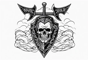 Valhalla sword shield axe barbed wire chains dark cloud lightning tattoo idea