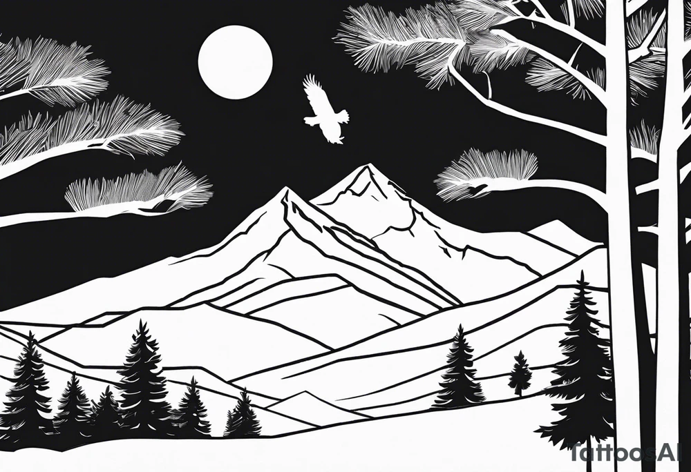 Black and white silhouette illustration of a a winter's night, with a mountain landscape in the background. An eagle is flying in the sky, depicted in bold black lines. A large pine tree stands in the left foreground, outlined simply. The window frame and scenery are drawn with minimal detail, focusing on the shapes and silhouette of the eagle and tree, with a serene, tranquil atmosphere in the composition. tattoo idea