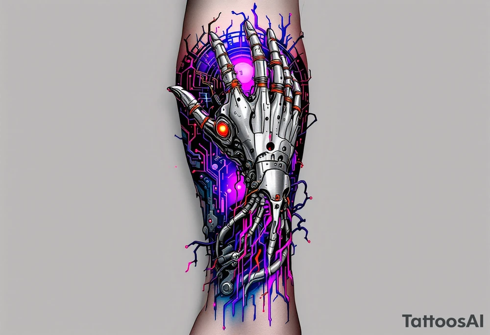 A biomechanical structure crawling up from the palm in brushed aluminum, surrounded by glowing violet circuitry and torn muscle detail. tattoo idea