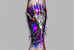 A biomechanical structure crawling up from the palm in brushed aluminum, surrounded by glowing violet circuitry and torn muscle detail. tattoo idea