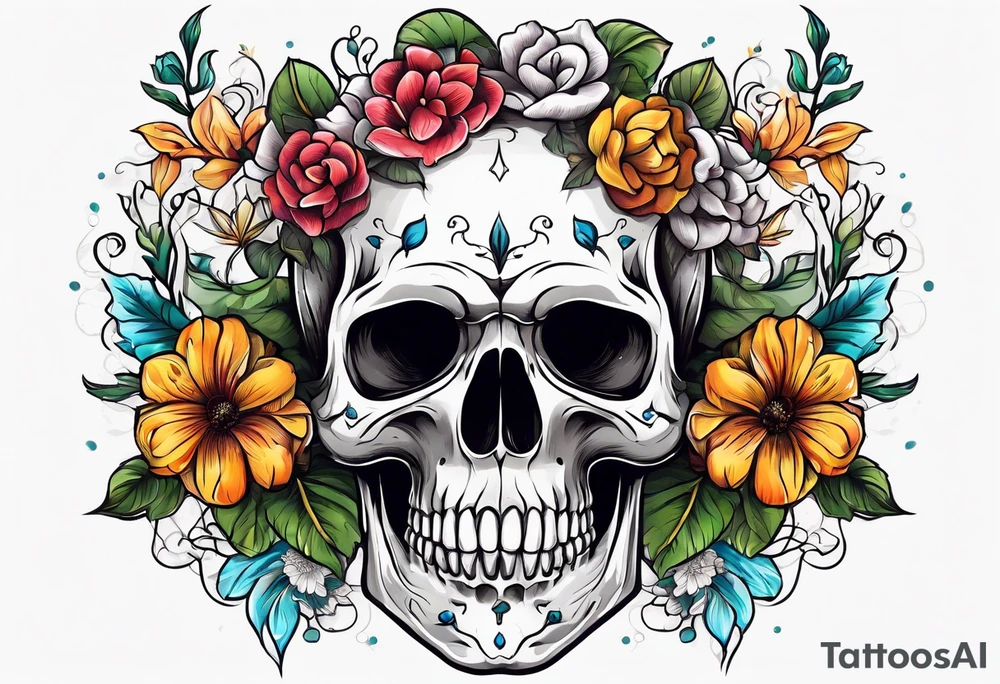 skull with flowers growing on top its head tattoo idea