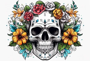 skull with flowers growing on top its head tattoo idea