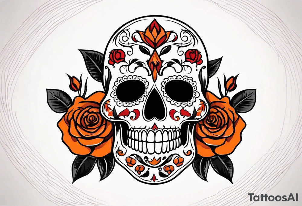 Sugar skull with roses that are orange and red with smoke around it tattoo idea