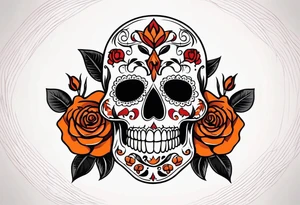 Sugar skull with roses that are orange and red with smoke around it tattoo idea